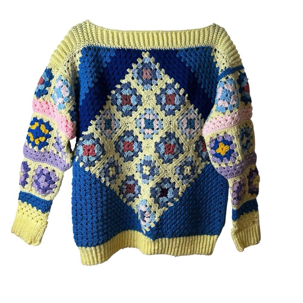 Handmade Crochet Granny Square Sweater Women's L-XL Pullover Blue  Multi **Read*